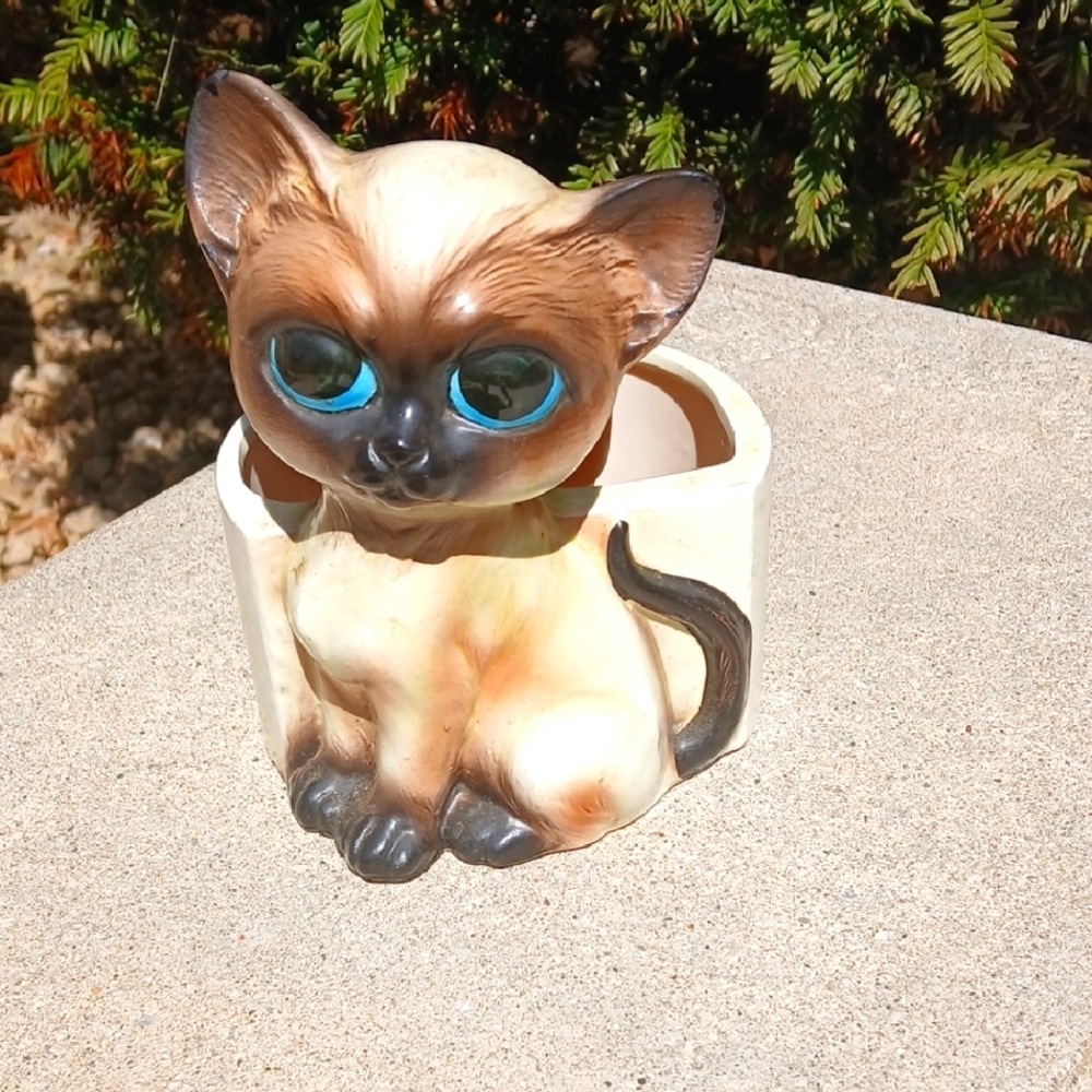Vintage Lefton H5974 Glazed Siamese CAT Siamese Cat Planter with Blue Eyes